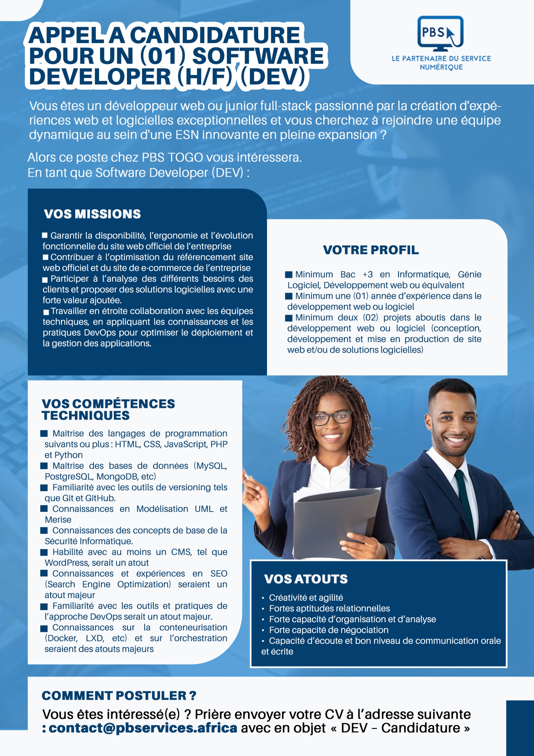 APPEL À CANDIDATURE POUR UN (01) SOFTWARE DEVELOPER (H/F) (DEV)